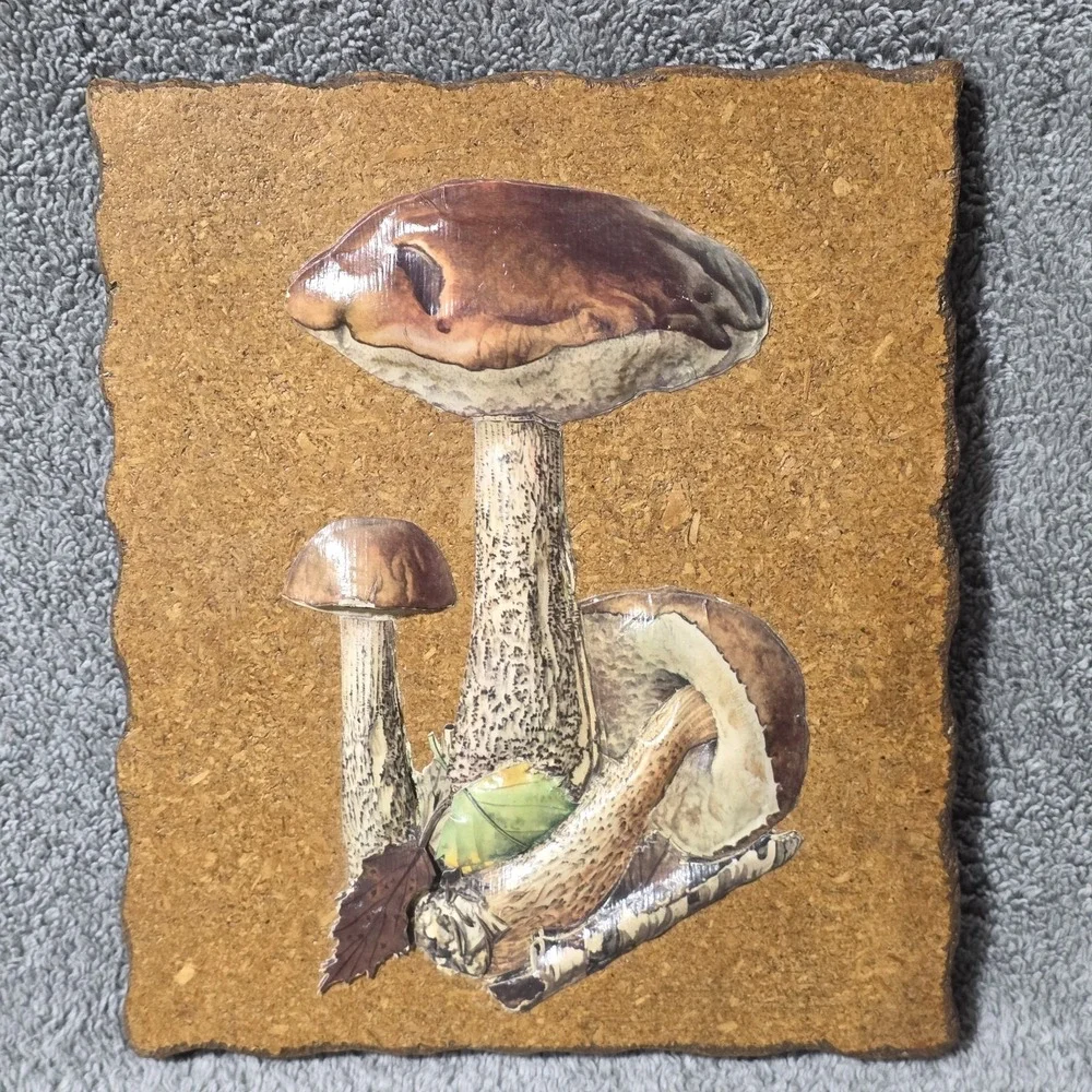 Vintage 3D Mushroom Art On Wood Base Wall Hanging Fairy Whimsy Hippie Decor
